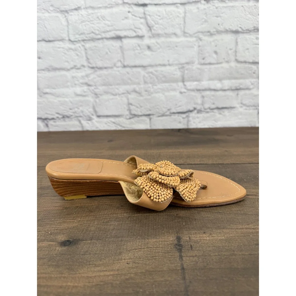 Stuart Weitzman Beaded Flower Thong Wedge Sandals Tan Leather Size 6M